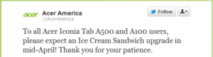 Acer confirme Ice Cream Sandwich sur les Iconia Tab A100 et A500 pour avril