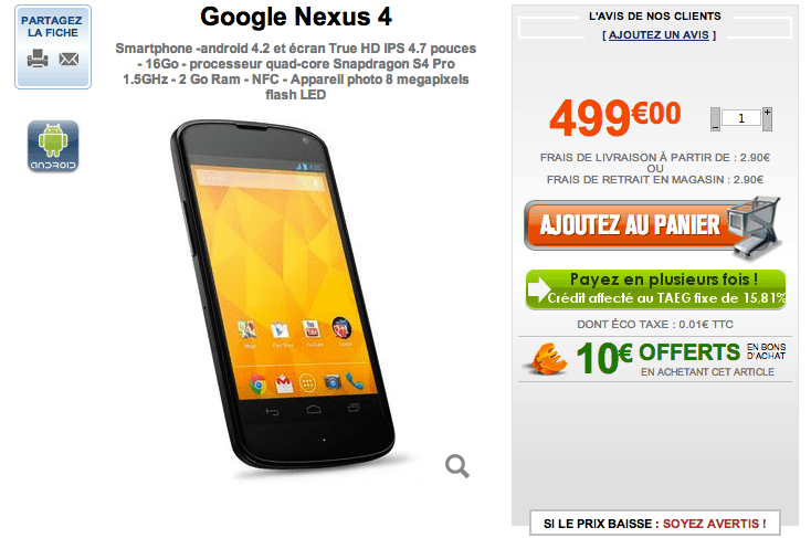 Nexus 4 chez GrosBill