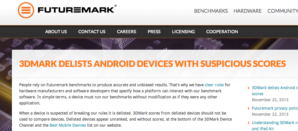 futuremark 3dmark samsung htc radiés bannis cheats