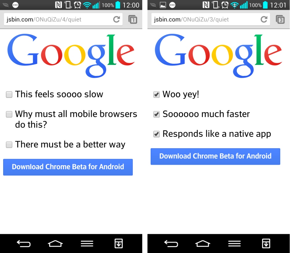 android google chrome beta 32 tap delay délai de réaction 300ms images 0