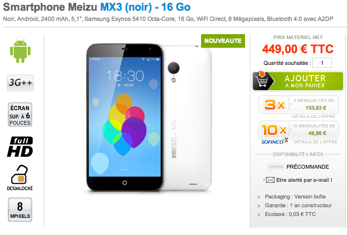 android meizu mx3 france french fr materiel.net precommande