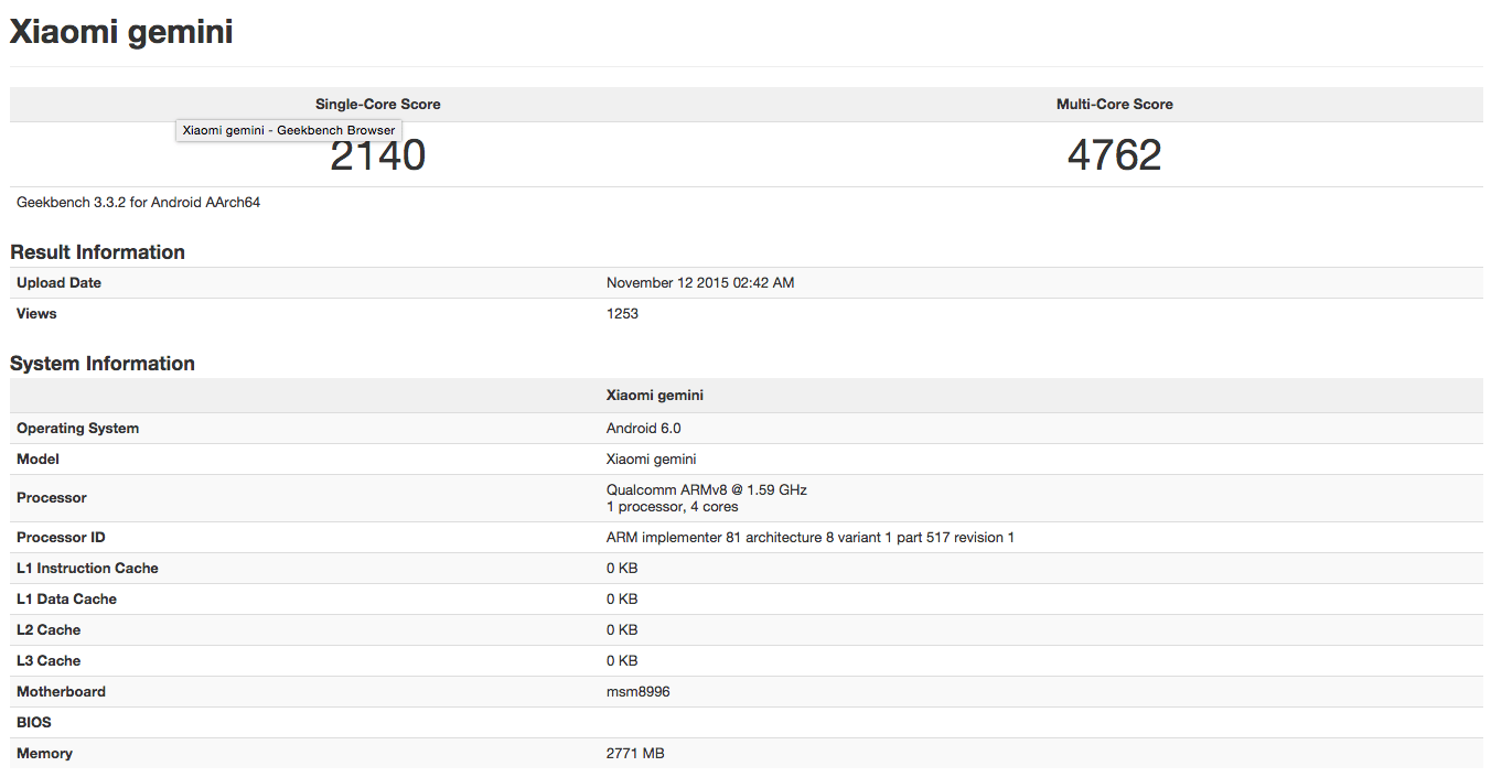 Geekbench Xiaomi Gemini