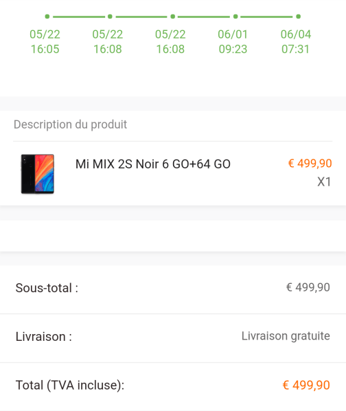 xiaomi commande boutique 22 mai recu