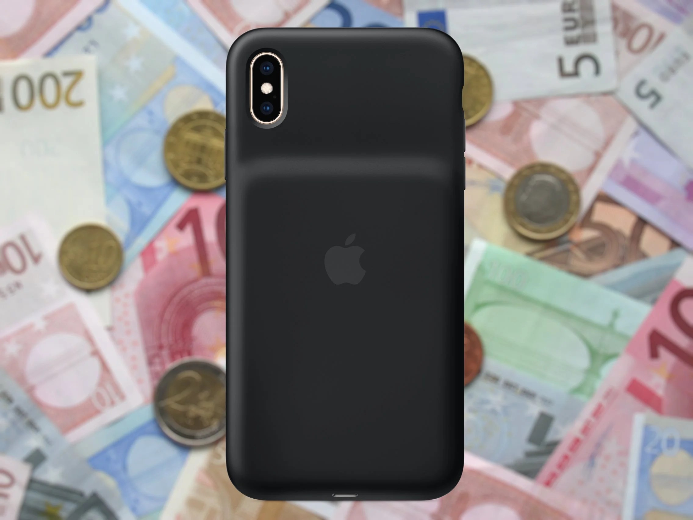 La coque batterie pour iPhone XS, avec des billets en euros au fond