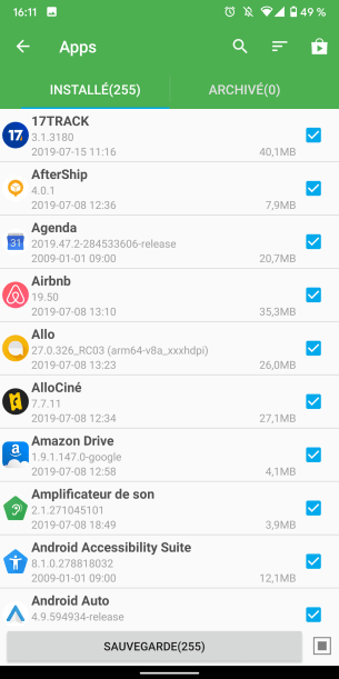 Le menu de sauvegarde des applications