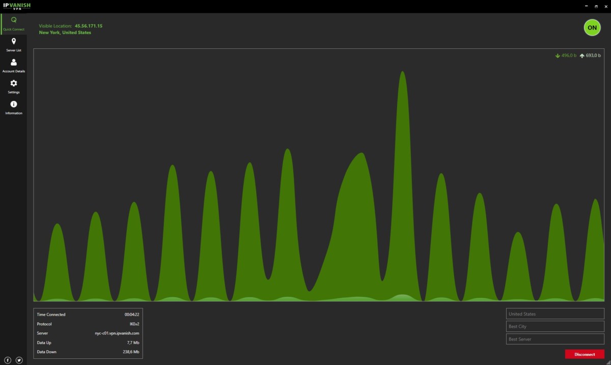 IpVanish interface données