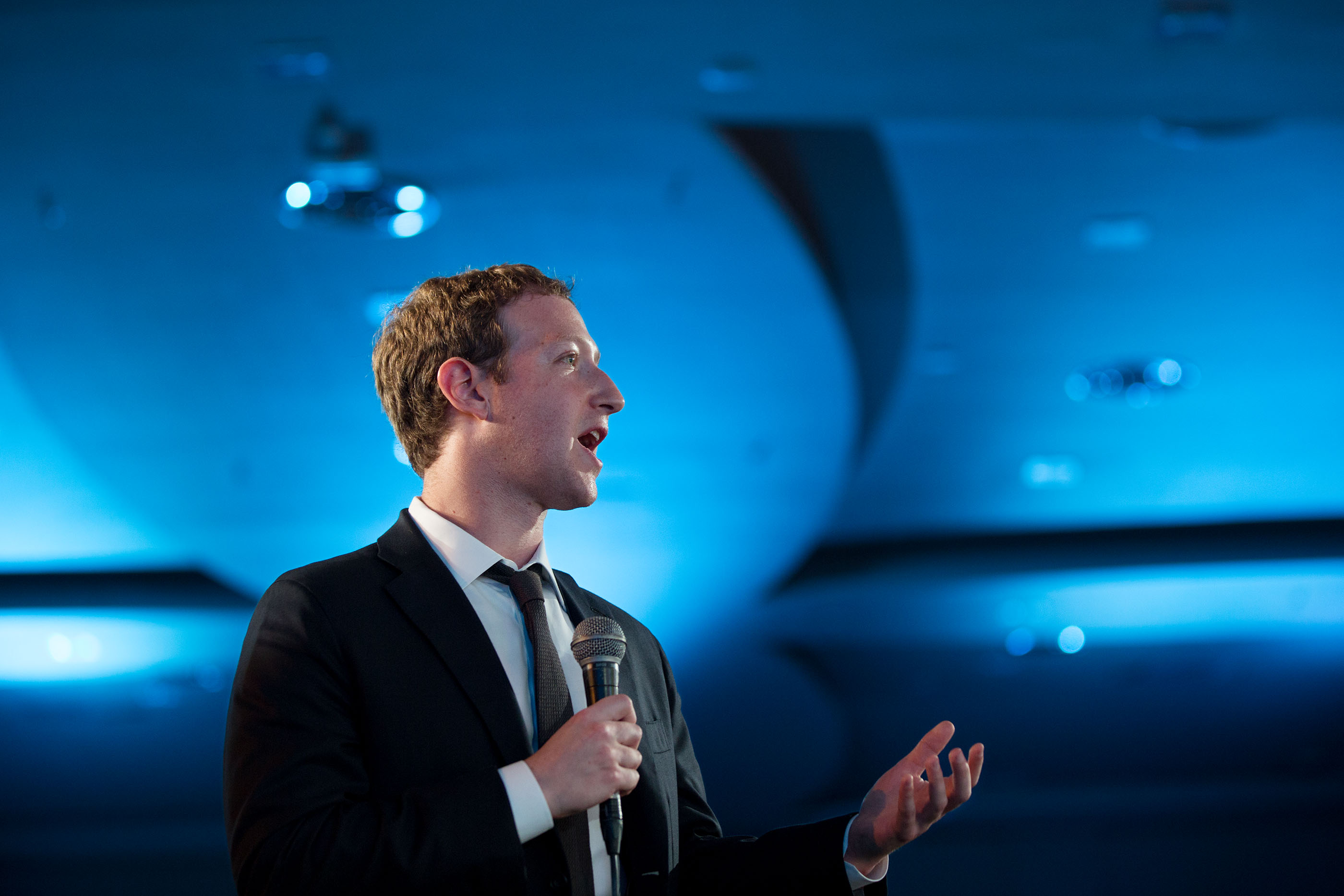 Facebook co-founder Mark Zuckerberg poses a question during the CEO Summit. (Official White House Photo by Pete Souza)