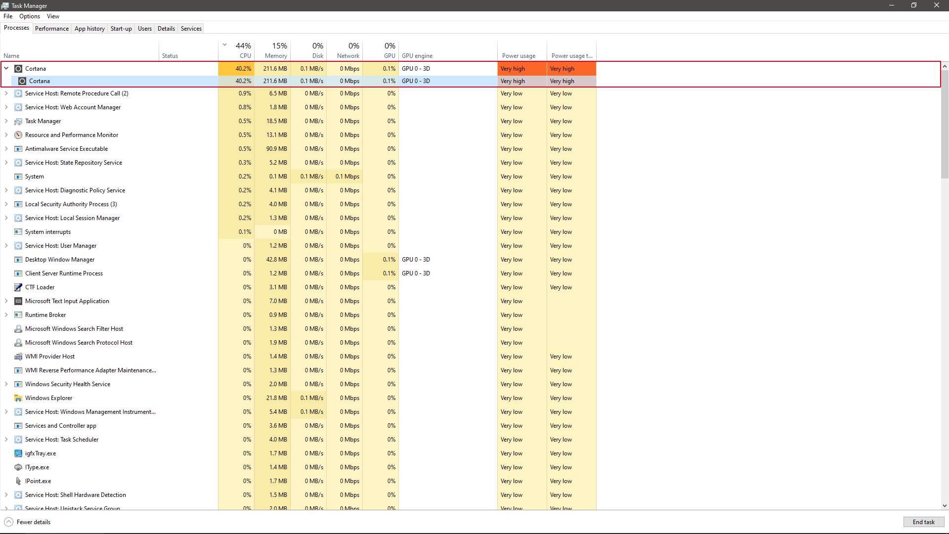 Charge CPU de SearchUI / Cortana avec le bug - Source : /u/DefinitelyYou