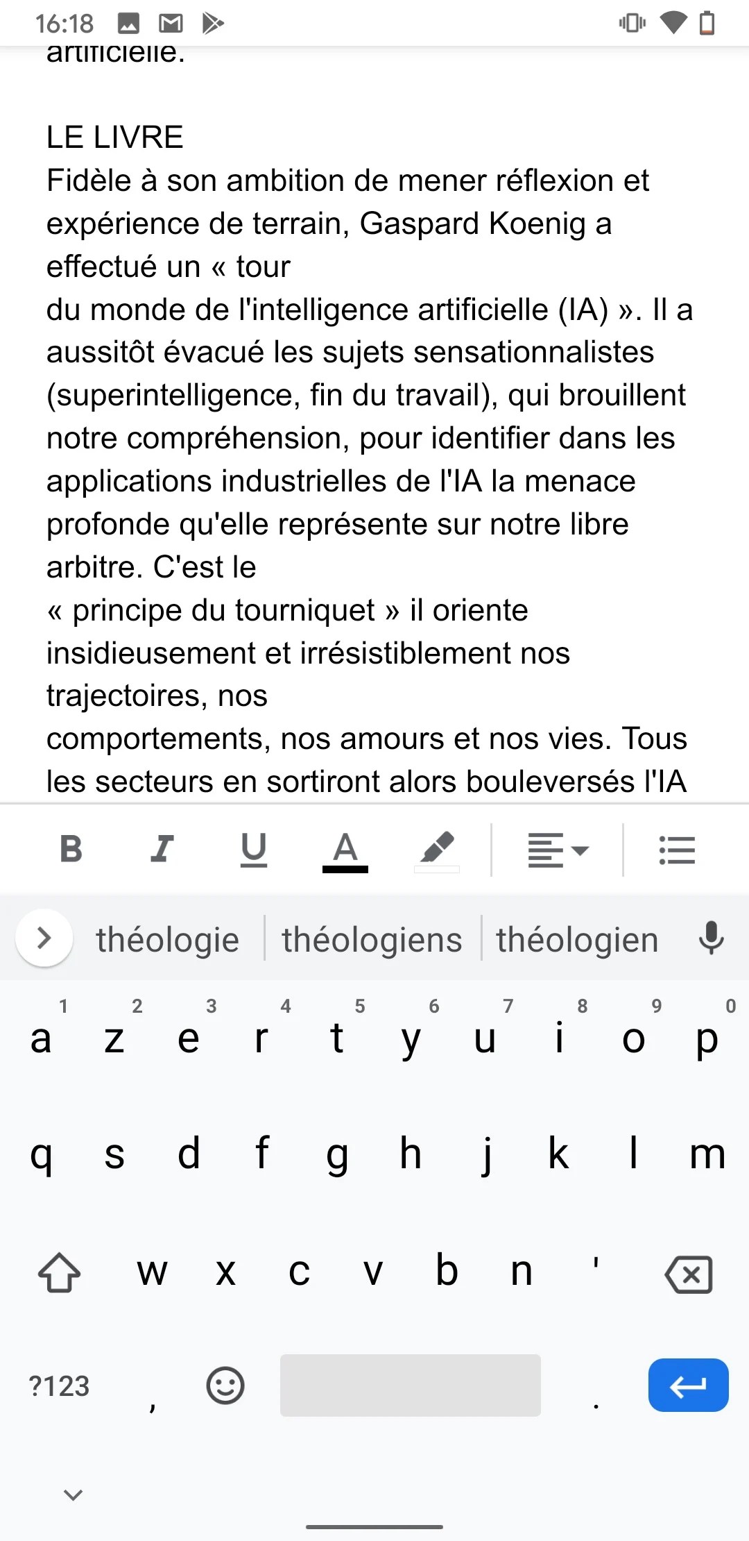 Un texte dans Google Docs