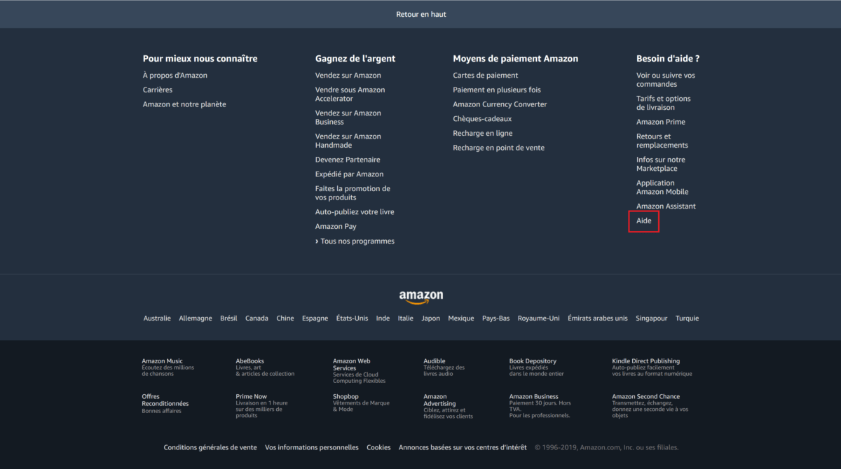 Bas de page du site Amazon