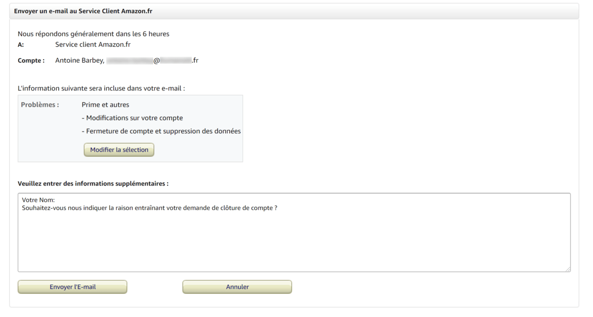 Questionnaire de suppression de compte Amazon