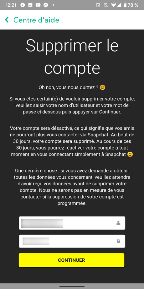 Supprimer compte snap 10