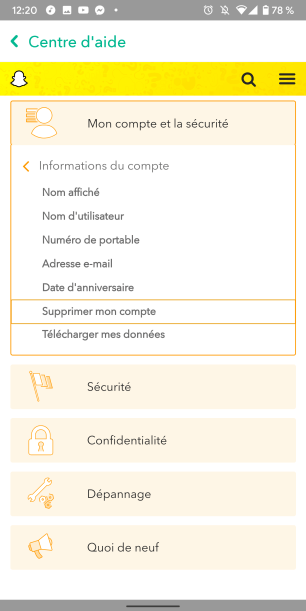 Supprimer compte snap 8