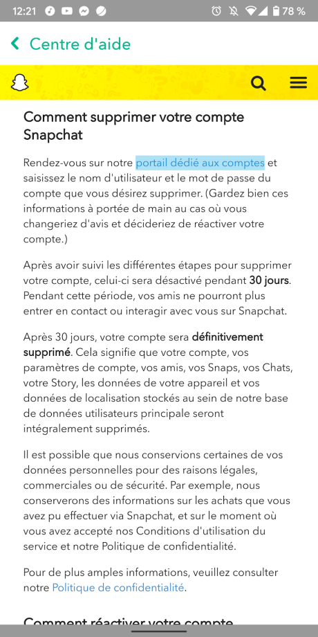 Supprimer compte snap 9