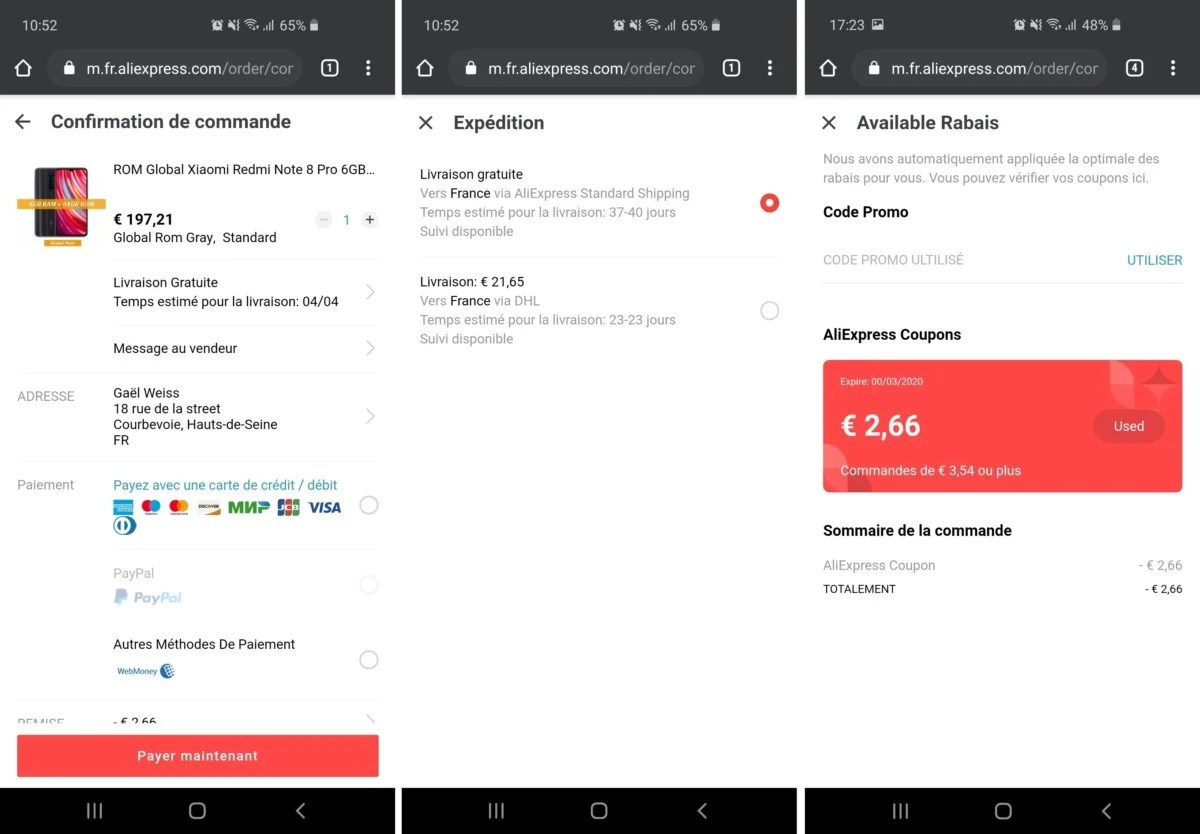 livraison et commande aliexpress interface