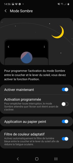 Le mode sombre sur le Samsqung Galaxy Note 10 Lite