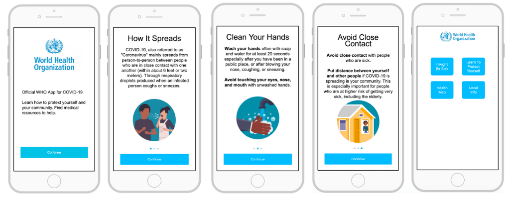 Des éléments de design partagés par les développeurs de l'application de l'OMS sur le Covid-19