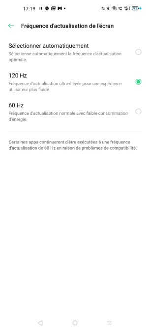 Le réglage du taux de rafraîchissement sur l'Oppo Find X2 Pro