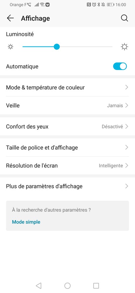 Les paramètres d'affichage du Honor 9X Pro