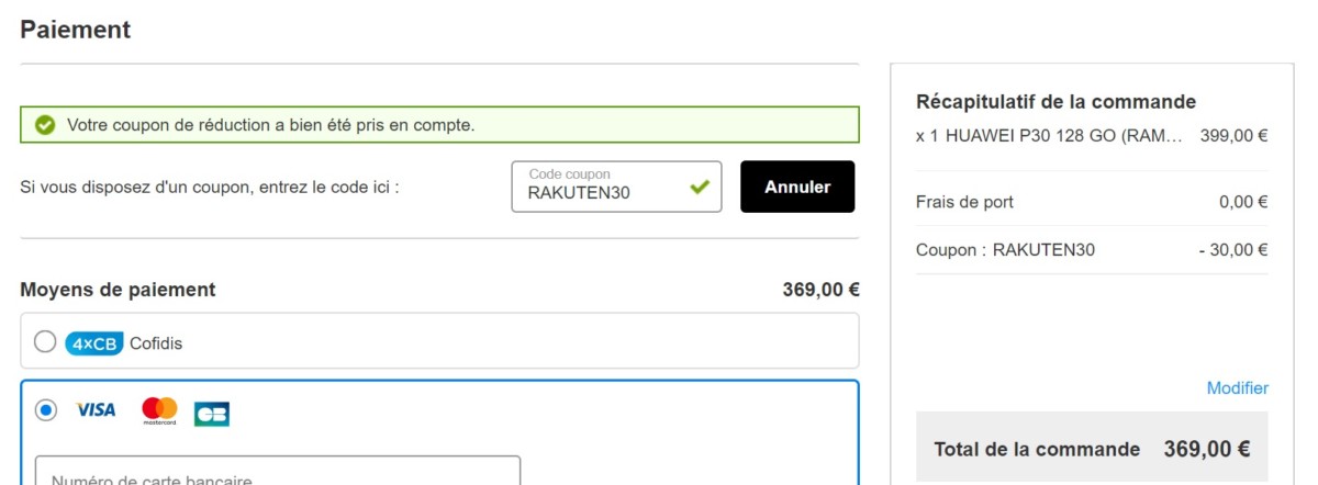 code promo rakuten huawei P30