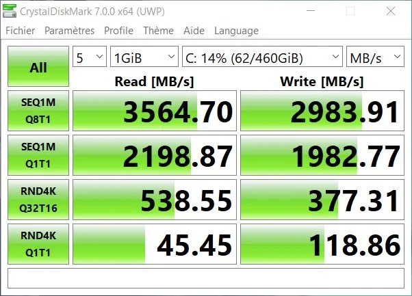Benchmark Crystal Diskmark du Dell XPS 13 2020
