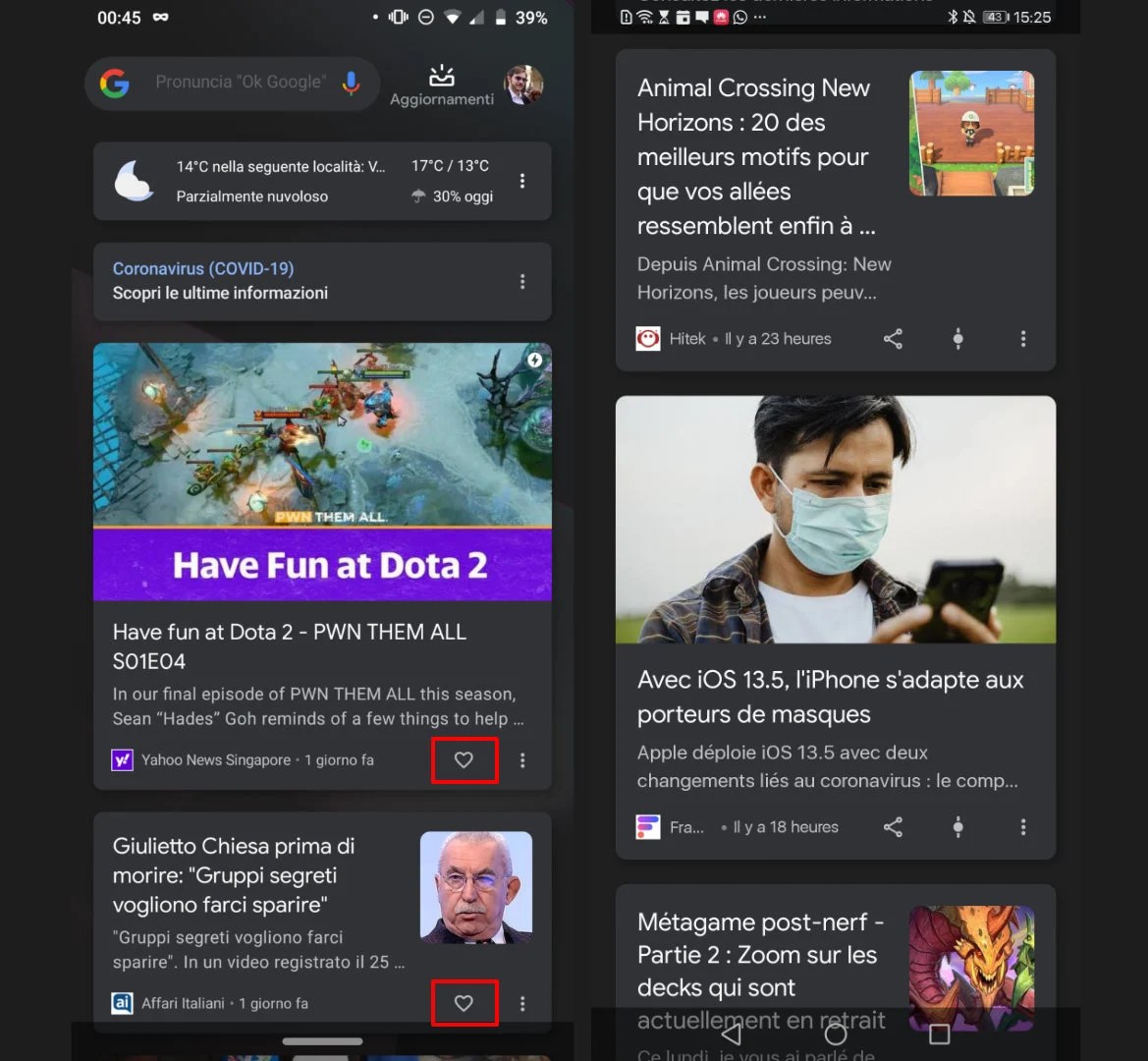 La nouvelle icône en forme de cœur (à gauche) vs l'interface actuelle de Google Discover (à droite).