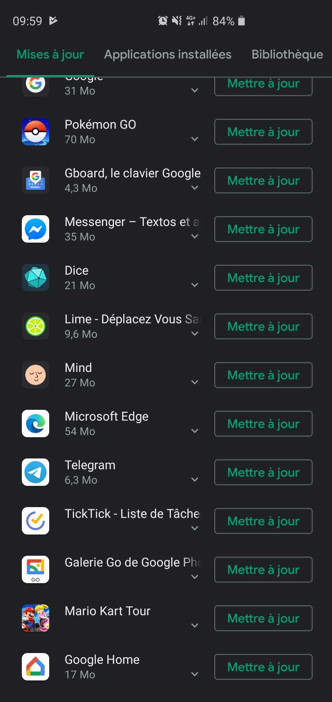 Les mises à jour disponibles proposées par le Play Store