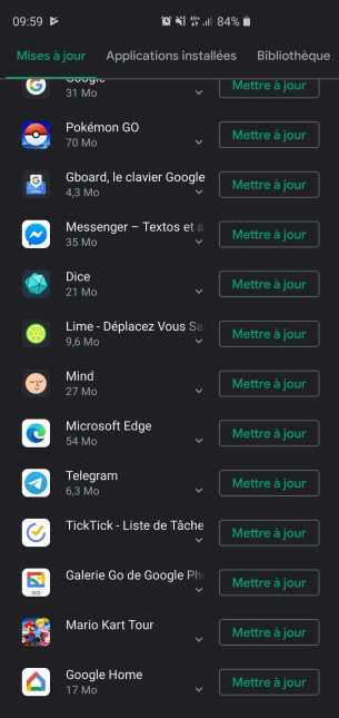 Les mises à jour disponibles proposées par le Play Store