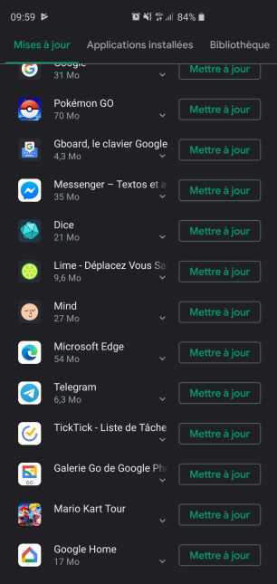 Les mises à jour disponibles proposées par le Play Store