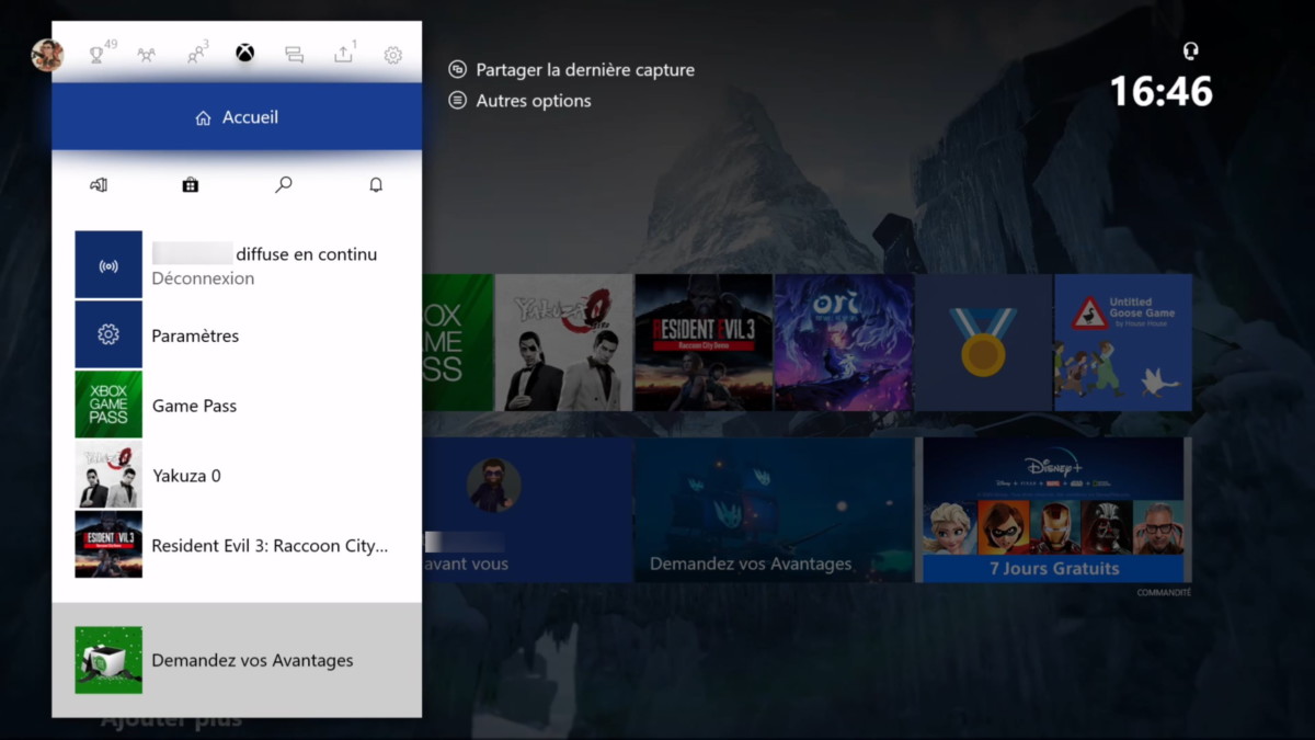 Interface du Guide Xbox avant la mise à jour