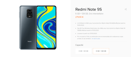 Prix pour le modèle supérieur du Xiaomi Redmi Note 9S en France