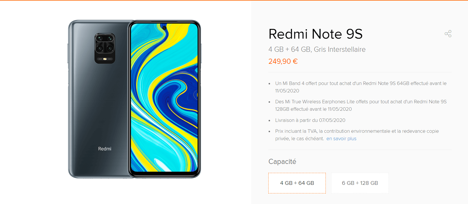 Prix d'entée pour le Xiaomi Redmi Note 9S en France