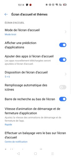 Les paramètres d'écran d'accueil du Realme X50 Pro