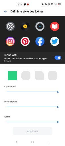 Le réglage de la forme des icônes sur Realme UI