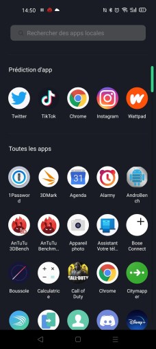 Le tiroir d'applications de l'Oppo Find X2 Neo