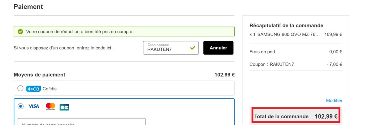 code promo SSD Samsung 1 To via Rakuten Boulanger