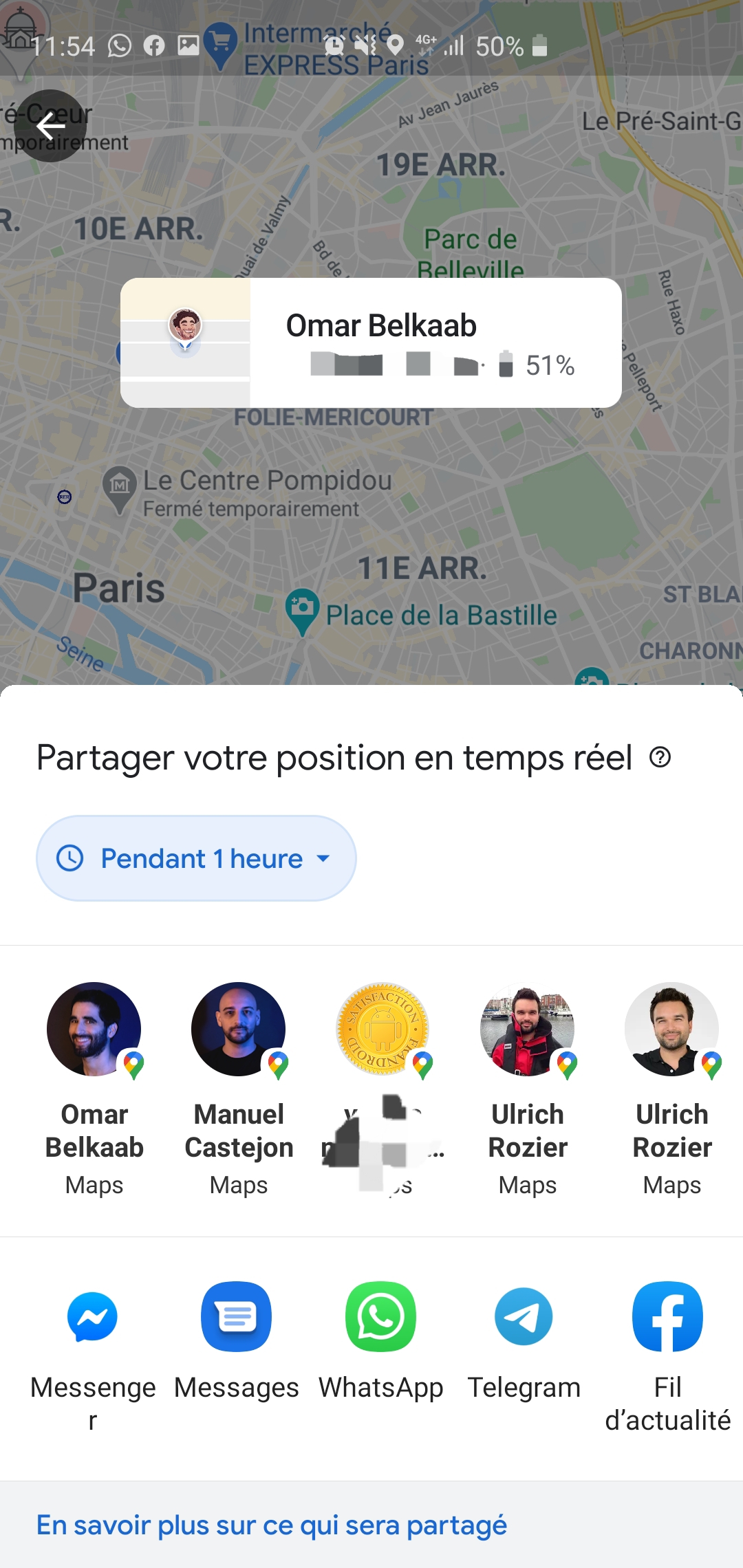 Contacts avec qui partager sa position sur Google Maps