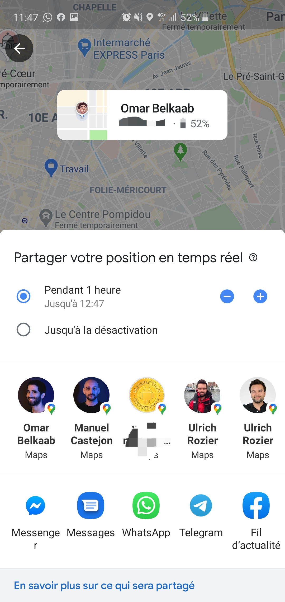 Durée du partage de position sur Google Maps