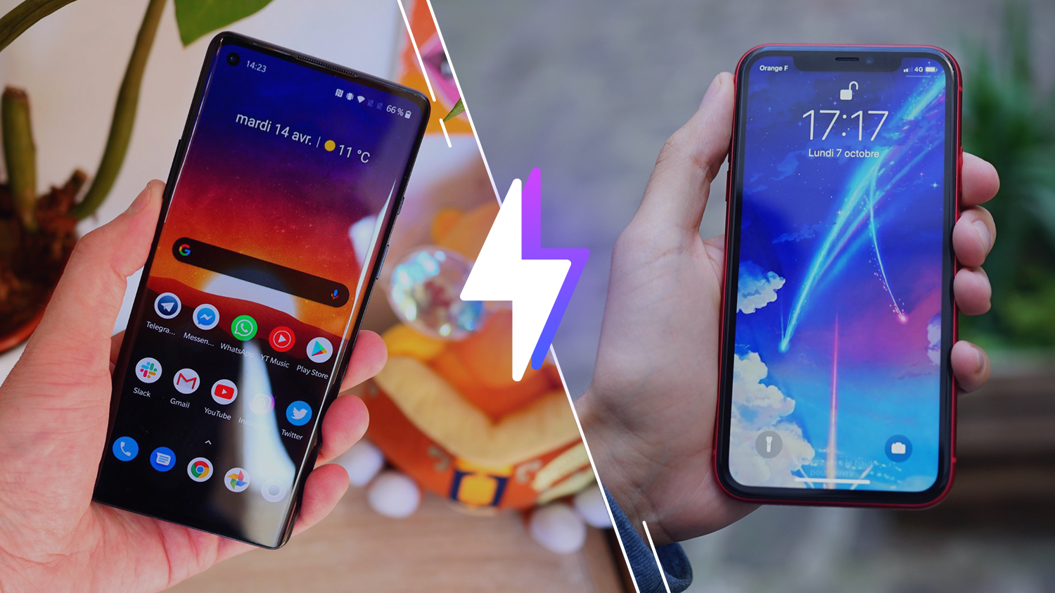 A gauche, le OnePlus 8, à droite l'iPhone 11 // source : Frandroid