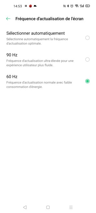 Le réglage du taux de rafraîchissement sur l'Oppo Find X2 Neo