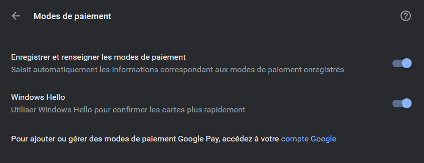 L'option Windows Hello sur Chrome