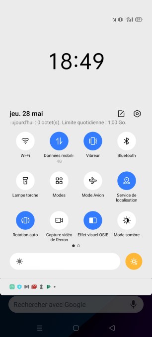 Panneau des raccourcis du Realme 6 Pro