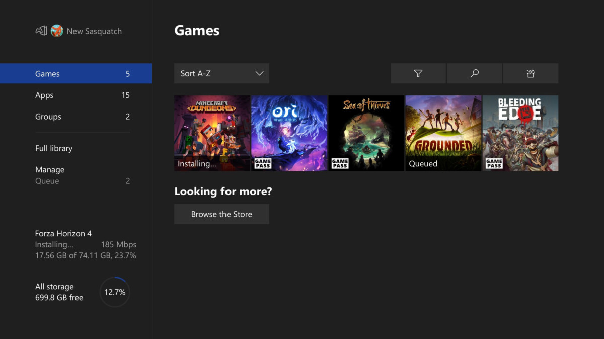 Le menu Jeux de la console Xbox