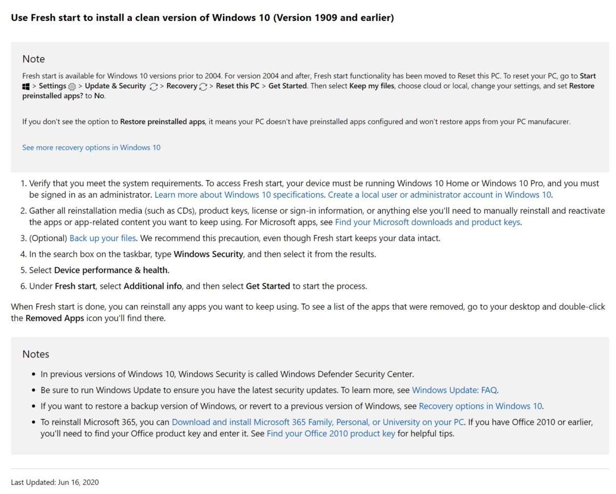 Microsoft documentation Windows 10 mise à jour 16 juin