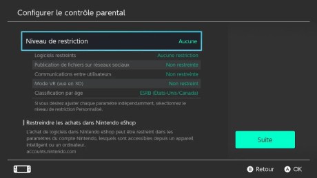 Nintendo Switch contrôle parental réglages