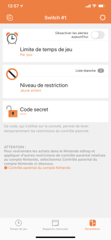 Nintendo Switch appli contrôle parental paramètres