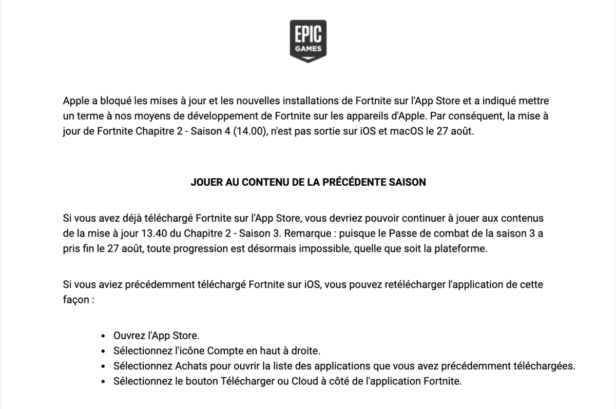 Le mail d'Epic Games envoyé aux joueurs Fortnite d'Apple