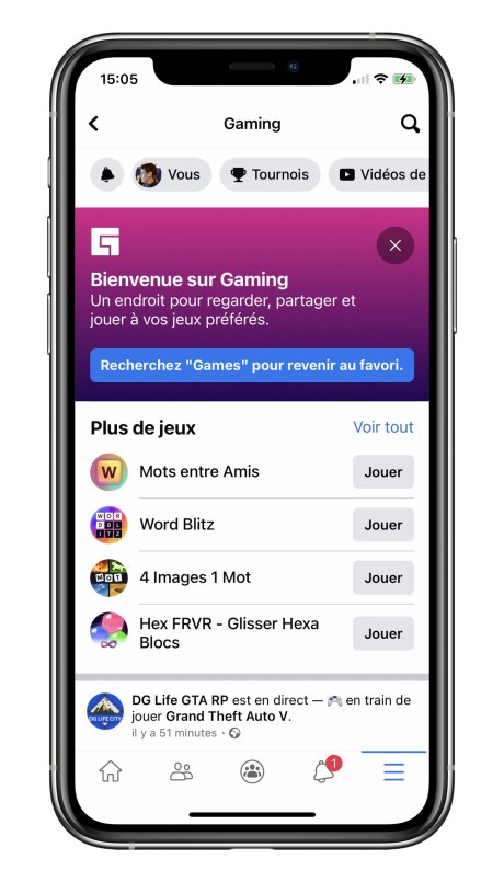 Les jeux dans l'application Facebook // Source : Frandroid