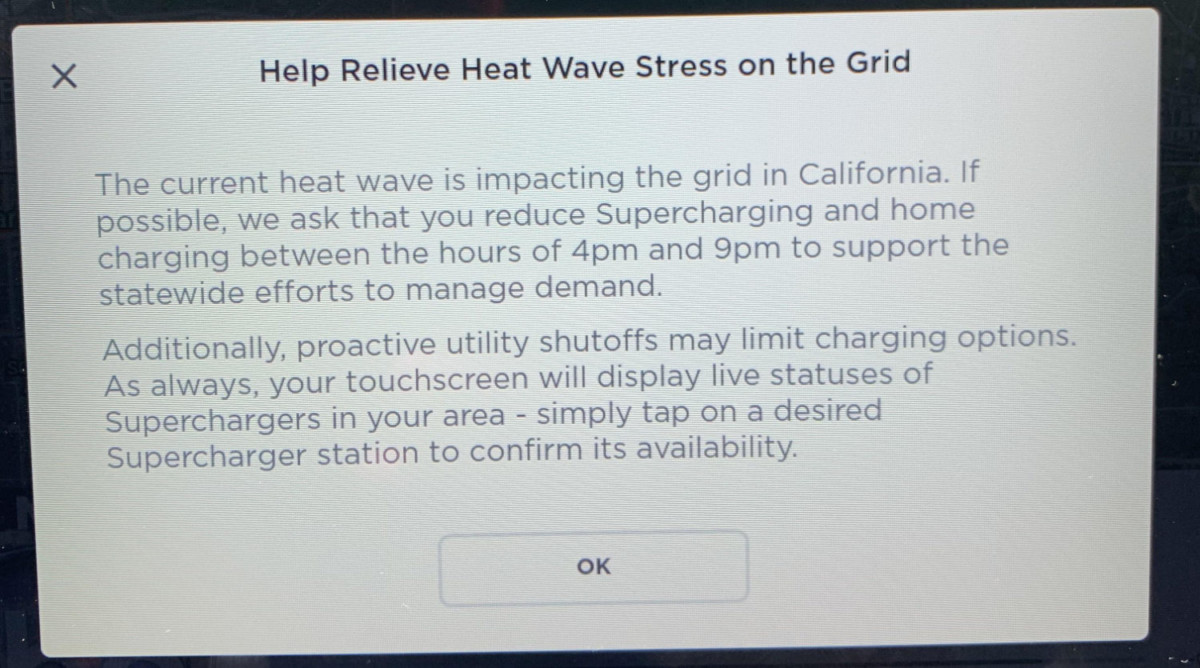 Message de Tesla en cas de canicule en Californie