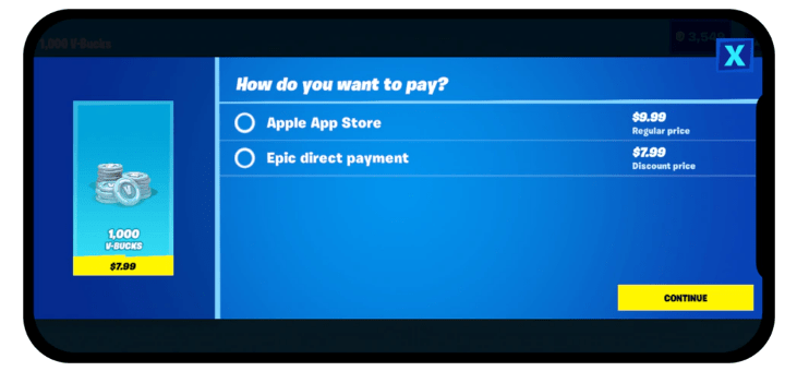 Paiement Fortnite sur iOS